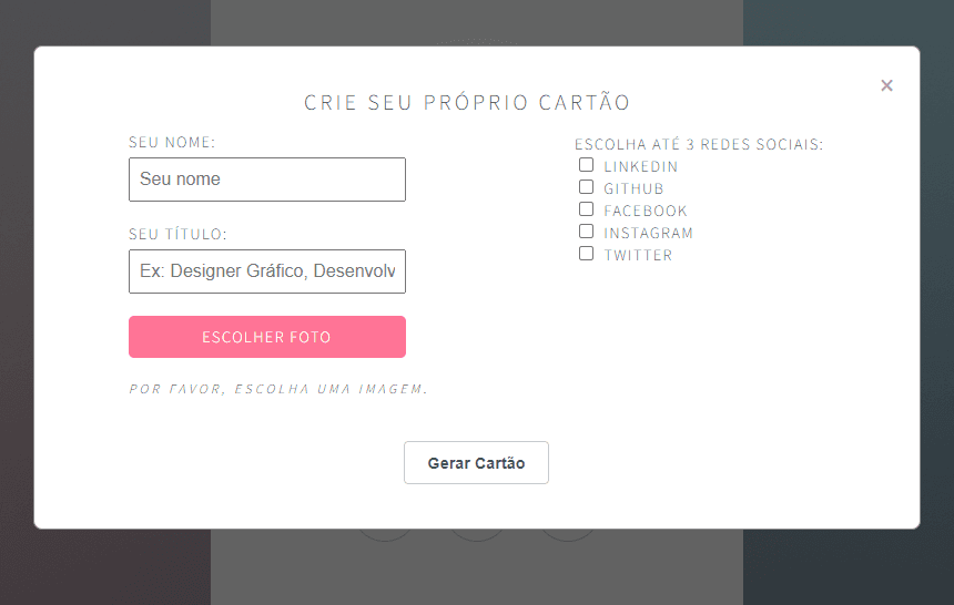 Imagem da sessão Formulário para criação do cartão