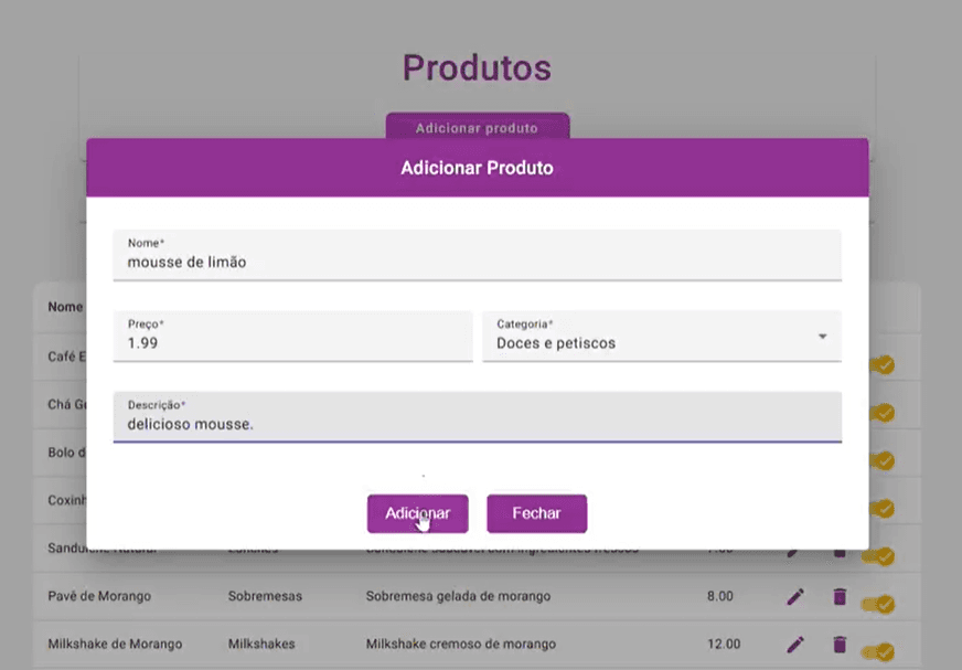 Imagem da sessão Modal de adicionar produto